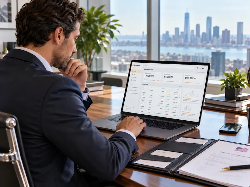 Imprenditore controlla gli incassi in dollari della sua LLC americana su una dashboard di pagamenti