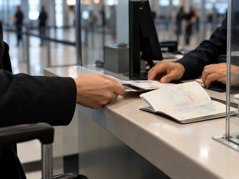 Banco di controllo documenti in aeroporto con passaporto aperto, a rappresentare i limiti dell’ingresso negli USA