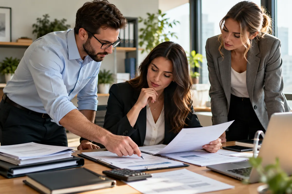 Tre professionisti esaminano i documenti per il tax return di una societa americana