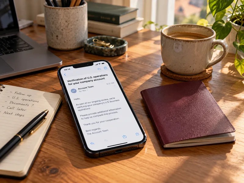 Smartphone con email di Mercury che chiede la verifica delle operazioni USA di una LLC