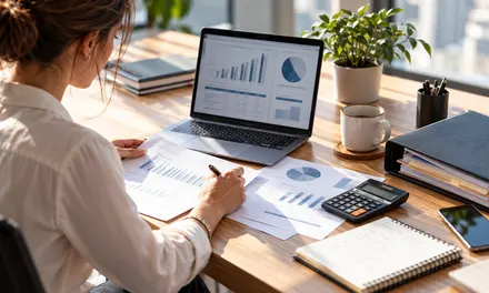 Professionista al computer con grafici e documenti fiscali sulla scrivania, accanto a calcolatrice e taccuino