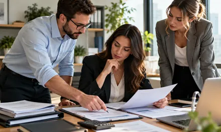 Tre professionisti esaminano i documenti per il tax return di una societa americana